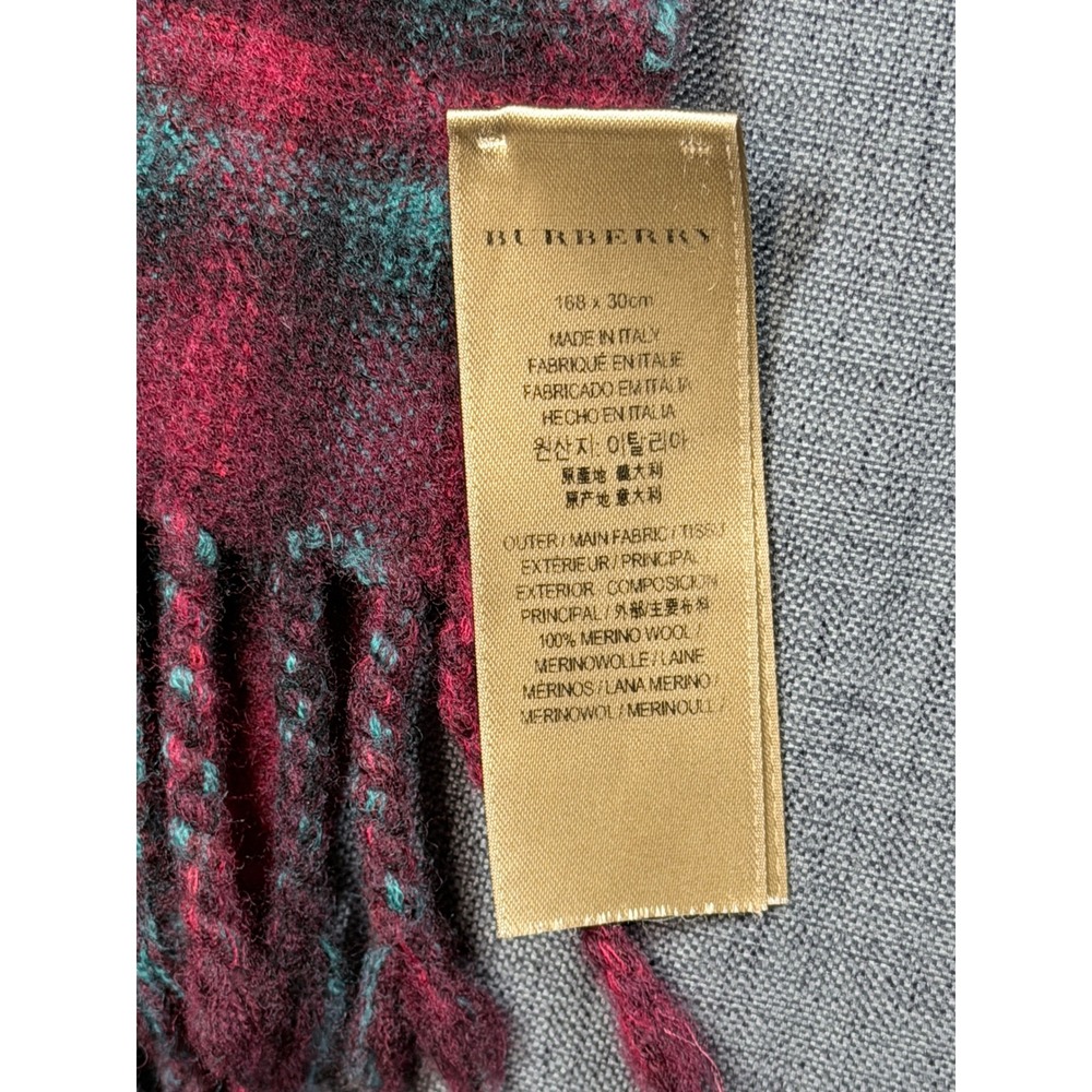 Burberry Merino Wool Scarf Burgundy Red Plaid Check Made in Italy 168x30cm - Picture 3 of 9